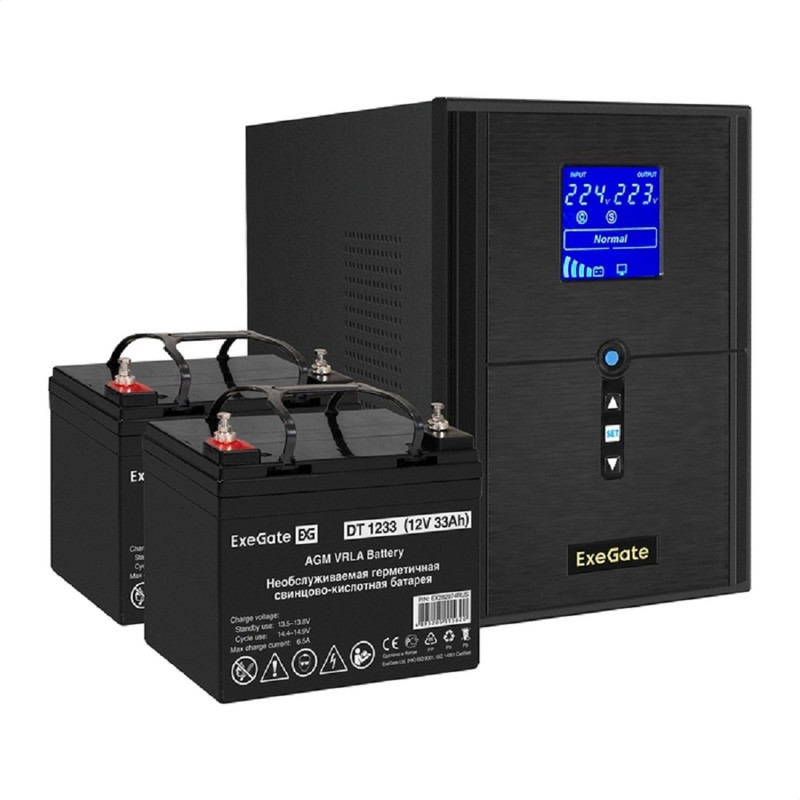 Exegate EX296837RUS Комплект ИБП EX295989RUS + батарея 33Ач EX282974RUS 2шт (инвертор, синус, для котла) SineTower SZ-2000.LCD.AVR.3SH.1C13.USB <2000VA/1600W, чистый синусоида, LCD дисплей, AVR, 3*Sch