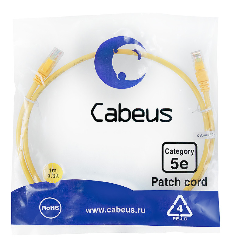 Cabeus PC-UTP-RJ45-Cat.5e-1m-YL-LSZH Патч-корд U/UTP, категория 5е, 2xRJ45/8p8c, неэкранированный, желтый, LSZH, 1м