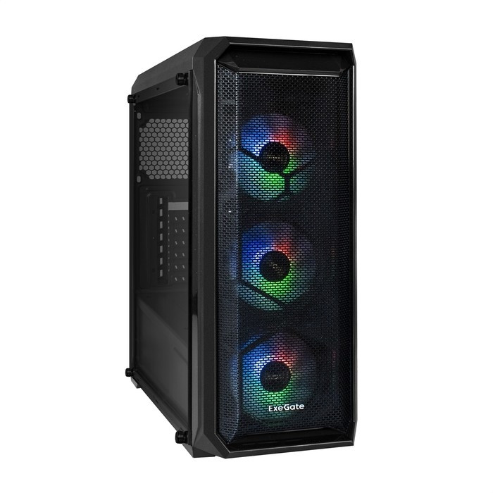 Exegate EX289023RUS Корпус Miditower ExeGate i3 NEO (ATX, без БП, 2*USB+1*USB3.0, HD аудио, черный, 3 вент. 12см с RGB подсветкой, контроллер + ПДУ, ARGB MB кабель, пылевые фильтры, боковая панель - з