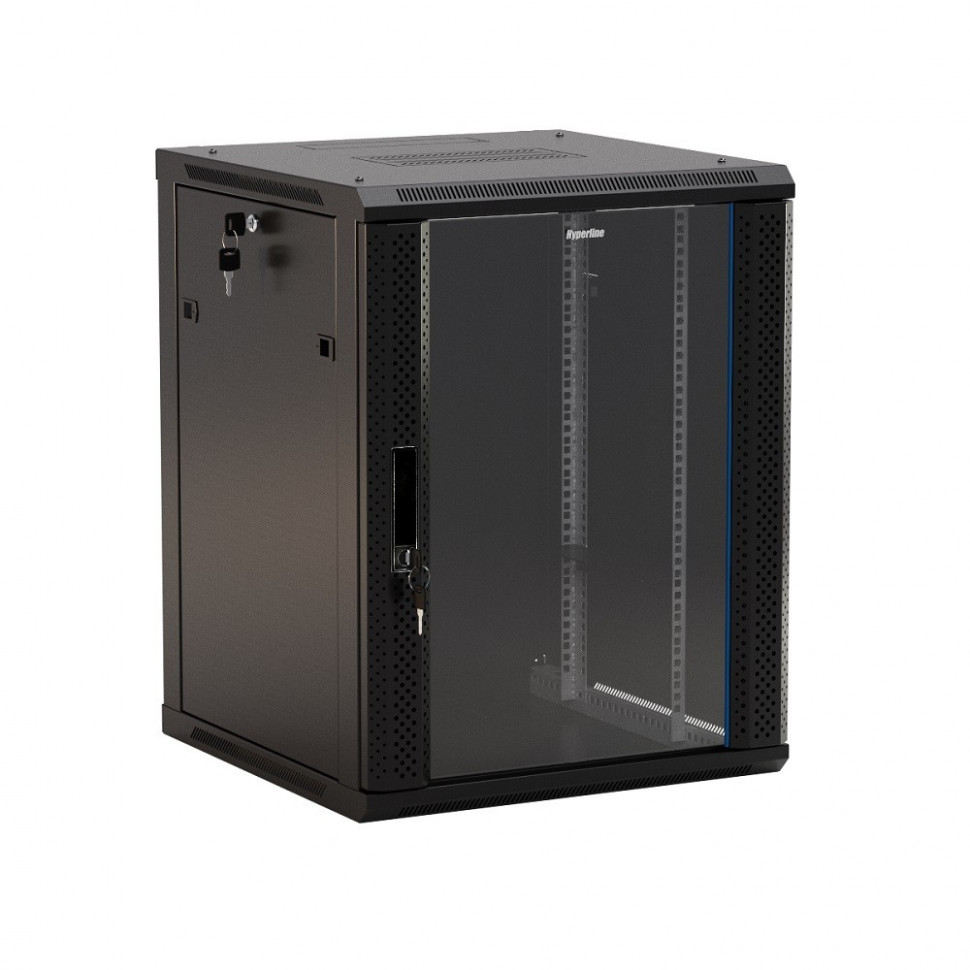 Hyperline TWB-0645-GP-RAL9004 Шкаф настенный 19-дюймовый (19"), 6U, 367x 600х 450мм, стеклянная дверь с перфорацией по бокам, ручка с замком, цвет черный (RAL 9004) (разобранный)