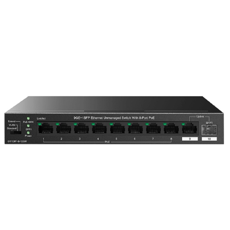 IP-COM G1110PF-8-120W Коммутатор неуправляемый PoE, 10 портов, 9x1 Гбит/с, SFP 1х1 Гбит/с, PoE 8х30 Вт (до 102 Вт), настольный