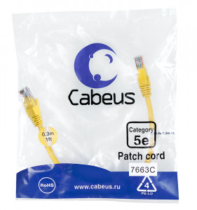 Cabeus PC-UTP-RJ45-Cat.5e-0.3m-YL-LSZH Патч-корд U/UTP, категория 5е, 2xRJ45/8p8c, неэкранированный, желтый, LSZH, 0.3м