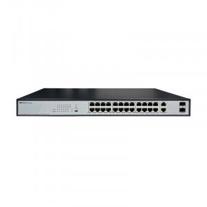 Неуправляемый PoE-коммутатор, 26x1000Base-T (24x1000Base-T PoE), 2x1000Base-X SFP, PoE-бюджет 370 Вт, комплект для установки в 19" стойку