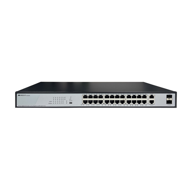 Неуправляемый PoE-коммутатор, 26x1000Base-T (24x1000Base-T PoE), 2x1000Base-X SFP, PoE-бюджет 370 Вт, комплект для установки в 19" стойку