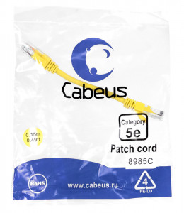 Cabeus PC-UTP-RJ45-Cat.5e-0.15m-YL-LSZH Патч-корд U/UTP, категория 5е, 2xRJ45/8p8c, неэкранированный, желтый, LSZH, 0.15м