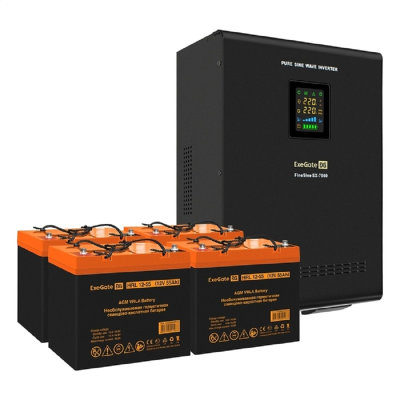 Exegate EX296685RUS Комплект ИБП EX296005RUS + батарея 55Ач EX285652RUS 4шт (инвертор, синус, для котла, настенный) FineSine SX-7000.LCD.AVR.2SH.T <7000VA/5000W, чистая синусоида, цветной LCD-дисплей,