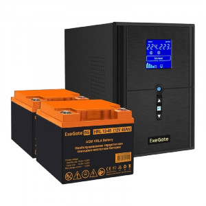 Exegate EX296841RUS Комплект ИБП EX295989RUS + батарея 45Ач EX285666RUS 2шт (инвертор, синус, для котла) SineTower SZ-2000.LCD.AVR.3SH.1C13.USB <2000VA/1600W, чистый синусоида, LCD дисплей, AVR, 3*Sch