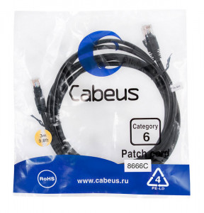 Cabeus PC-UTP-RJ45-Cat.6-3m-BK Патч-корд U/UTP, категория 6, 2xRJ45/8p8c, неэкранированный, черный, PVC, 3м