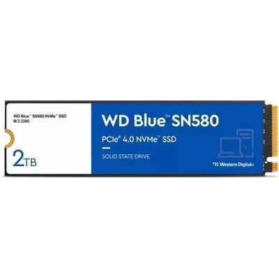 Твердотельный накопитель/ WD SSD Blue SN580 NVMe, 2000GB, M.2(22x80mm), NVMe, PCIe 3.0 x4, 3D TLC, R/W 3500/3500MB/s, IOPs 600 000/600 000, TBW 900, DWPD 0.2 (12 мес.)