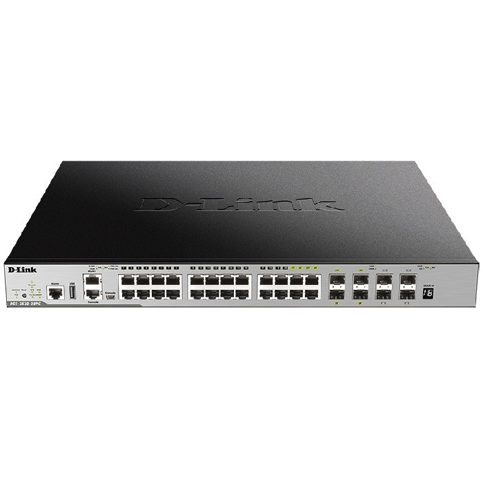 D-Link DGS-3630-28TC/A2ASI PROJ Управляемый стекируемый коммутатор 3 уровня с 20 портами 10/100/1000Base-T, 4 комбо?портами 100/1000Base-T/SFP и 4 портами 10GBase-X SFP+ и программным обеспечением SI