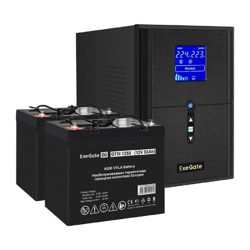Exegate EX296842RUS Комплект ИБП EX295989RUS + батарея 55Ач EX285667RUS 2шт (инвертор, синус, для котла) SineTower SZ-2000.LCD.AVR.3SH.1C13.USB <2000VA/1600W, чистый синусоида, LCD дисплей, AVR, 3*Sch