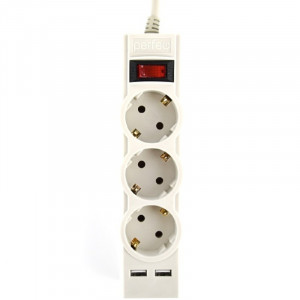Perfeo сетевой фильтр "POWER-S", 5,0м, 3 розетки 10А, 2USB, 2500 Вт, двойная защита, серый.