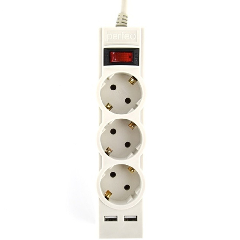 Perfeo сетевой фильтр "POWER-S", 5,0м, 3 розетки 10А, 2USB, 2500 Вт, двойная защита, серый.