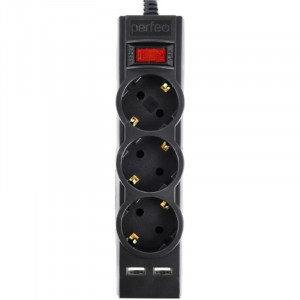 Perfeo сетевой фильтр "POWER-S", 5,0м, 3 розетки 10А, 2USB, 2500 Вт, двойная защита, черный.