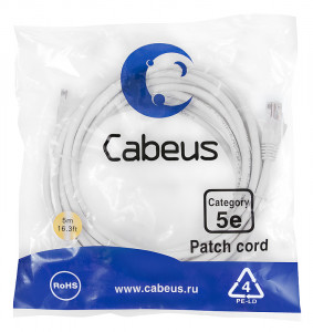 Cabeus PC-UTP-RJ45-Cat.5e-5m-WH-LSZH Патч-корд U/UTP, категория 5е, 2xRJ45/8p8c, неэкранированный, белый, LSZH, 5м