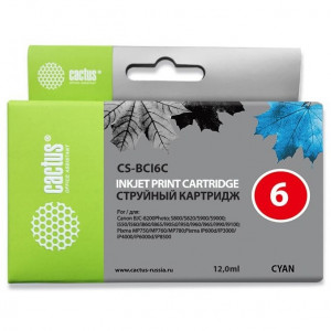 Картридж струйный Cactus CS-BCI6C голубой (12мл) для Canon S800/ S820/ S900/ S9000; i550/ i560/ i860/ i865/ i905D/ i950S/ i960x/ i965/ i990/ i9100/ i9950; JX500; MP750/ MP760; iP600D/ iP3000/ iP600D/ 