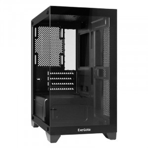 Exegate EX299006RUS Корпус Minitower ExeGate i3 SEA LE (mATX, без БП, 1*USB+1*USB3.0, HD аудио, черный, 1 вент. 12см с RGB подсветкой, передняя и боковая панели - закаленное стекло)