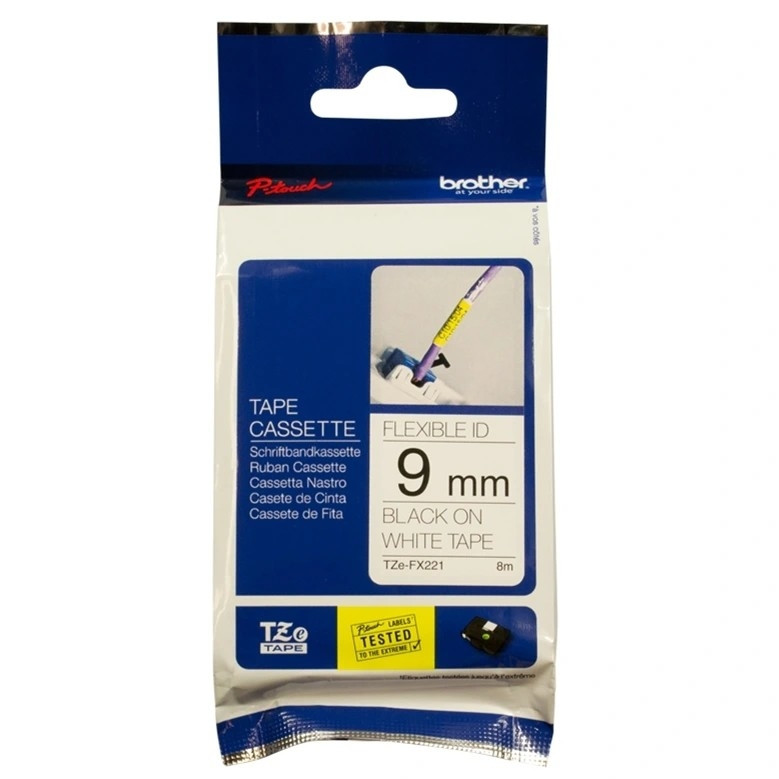 Brother TZE-FX221 Плёнка для наклеек эластичная Brother {чёрный шрифт на белой основе, 9мм*8м}