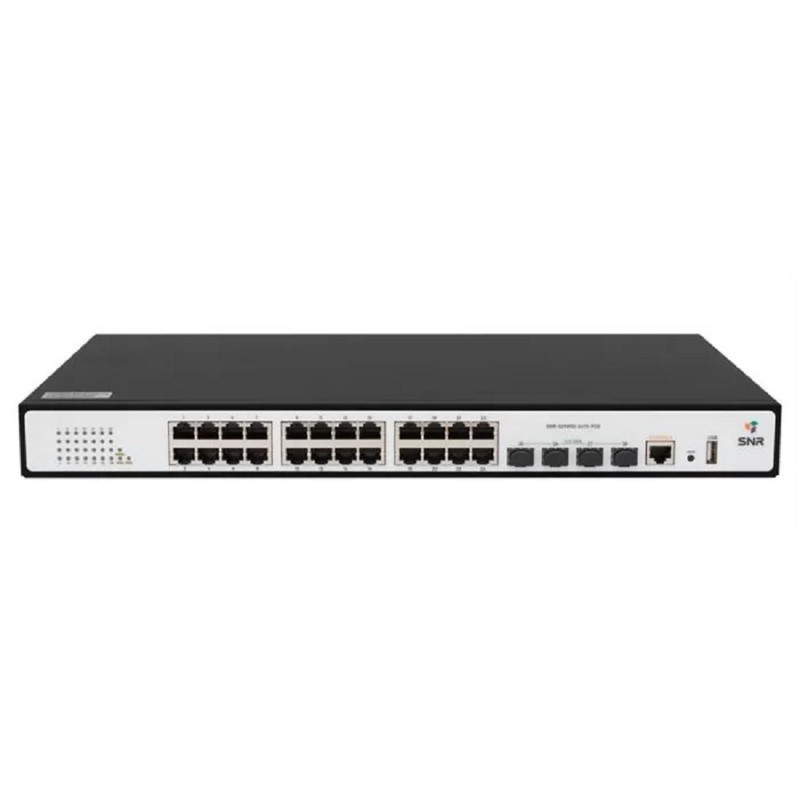 SNR Управляемый PoE коммутатор уровня 2, 24 порта 10/100/1000Base-T с поддержкой PoE, 4 порта 1/10G SFP+, PoE 370 Ватт