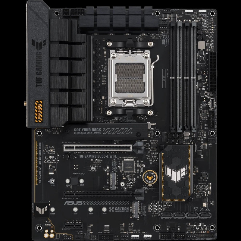 ASUS TUF GAMING B650-E WIFI (Socket AM5, ATX, 4xDDR5(192GB), DP/HDMI, 2xPCIe 4.0x16/1xPCIe 4.0, 1xLAN (2.5GbE), Wi-Fi, BT, 4xSATA 6Gb/s, 3xM.2, 1xType-C, 4xUSB 3.2, 3xUSB 2.0)