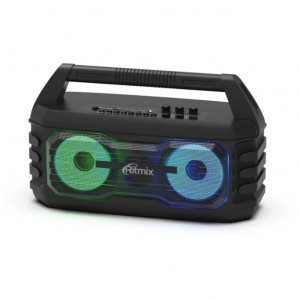 RITMIX SP-610B black {AUX, USB, microSD (MP3, WAV, WMA, APE), RGB-подсветка, эквалайзер, дисплей: LED, возможность, микрофонный вход Jack 6,3 мм, 2000 мАч, microUSB DC 5В 1A, 38*23*16 см, пластик, чер