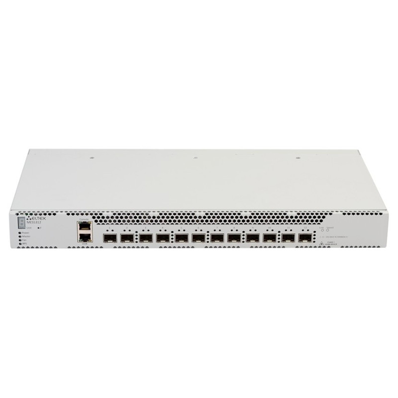 ELTEX MES5312 Ethernet-коммутатор 1 порт 10/100/1000BASE-T (ООВ), 12 портов 10GBASE-R (SFP+)/1000BASE-X (SFP), консольный порт: RS-232 (RJ-45), 2 слота для модулей питания
