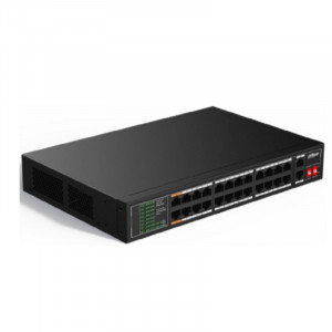 DAHUA DH-SF1026LP 26-портовый неуправляемый коммутатор с РоЕ, 24xRJ45 100Mb PoE, 2xRJ45 1Gb uplink, суммарно 190Вт, коммутация 8.8 Гбит/с, MAC-таблица 8K, металл