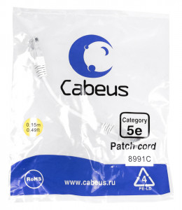 Cabeus PC-UTP-RJ45-Cat.5e-0.15m-WH Патч-корд U/UTP, категория 5е, 2xRJ45/8p8c, неэкранированный, белый, PVC, 0.15м