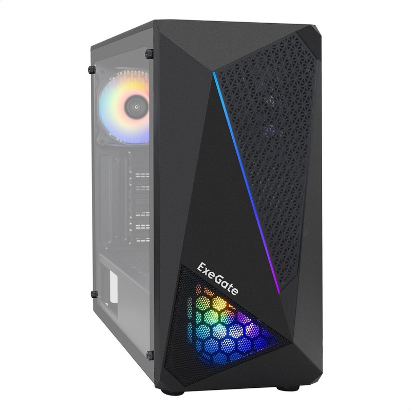 Exegate EX293015RUS Корпус Miditower ExeGate EVO-8225-NPX600 (ATX, БП 600NPX с вент. 12см, 2*USB+1*USB3.0, черный, 2 вент. с RGB подсветкой и полоса на передней панели, боковая панель - закаленное сте