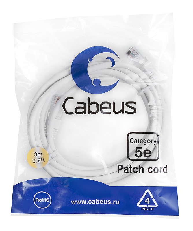 Cabeus PC-UTP-RJ45-Cat.5e-3m-WH Патч-корд U/UTP, категория 5е, 2xRJ45/8p8c, неэкранированный, белый, PVC, 3м