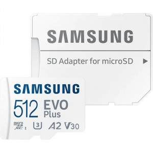 Micro SecureDigital 512GB Samsung  Class 10, A2, V30, UHS-I (U3), R 130 МБ/с, <MB-MC512KA/KR> адаптер на SD