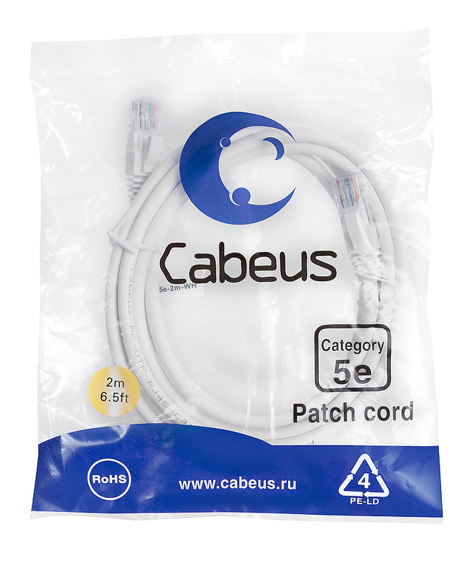 Cabeus PC-UTP-RJ45-Cat.5e-2m-WH Патч-корд U/UTP, категория 5е, 2xRJ45/8p8c, неэкранированный, белый, PVC, 2м