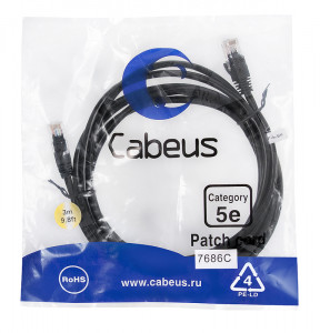 Cabeus PC-UTP-RJ45-Cat.5e-3m-BK Патч-корд U/UTP, категория 5е, 2xRJ45/8p8c, неэкранированный, черный, PVC, 3м