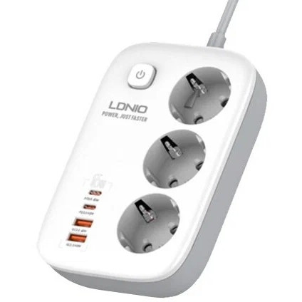 LDNIO SE3436/ Сетевой удлинитель 2м/ 3 розетки/ 3250W/ 4 USB: QC 4.0+PD 3.0+PPS/ GAN 65W/ White