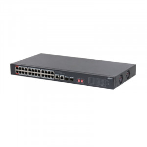 DAHUA DH-S3226-24ET-240 24-портовый неуправляемый коммутатор с РоЕ, 24xRJ45 100Mb PoE, 2хКомбо SFP/RJ45 1Gb uplink, суммарно 240Вт, коммутация 8.8 Гбит/с, MAC-таблица 8К