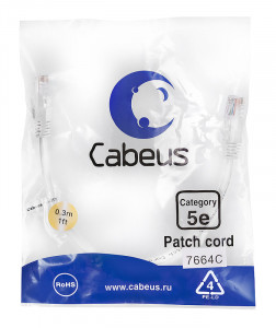 Cabeus PC-UTP-RJ45-Cat.5e-0.3m-WH Патч-корд U/UTP, категория 5е, 2xRJ45/8p8c, неэкранированный, белый, PVC, 0.3м