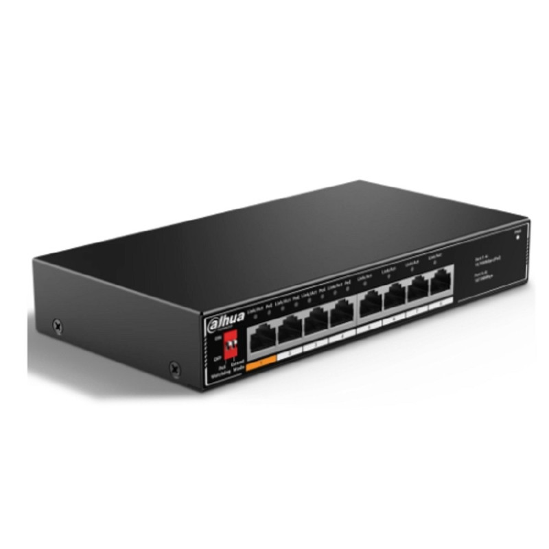 DAHUA DH-SF1008LP 8-портовый неуправляемый коммутатор с РоЕ, 4xRJ45 100Mb PoE, 4xRJ45 100Mb, суммарно 60Вт, коммутация 1.8 Гбит/с, MAC-таблица 2K, металл