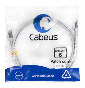 Cabeus PC-FTP-RJ45-Cat.6-2m-LSZH Патч-корд F/UTP, категория 6, 2xRJ45/8p8c, экранированный, серый, LSZH, 2м