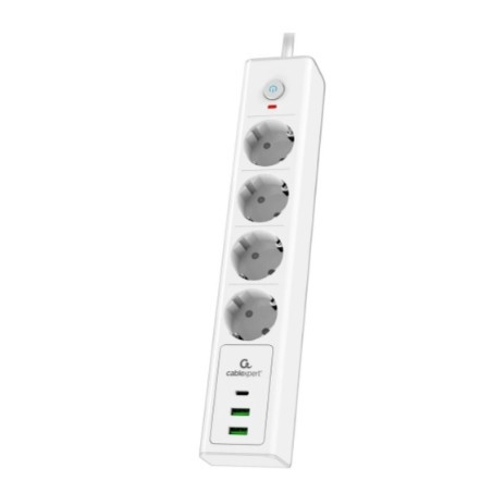 Cablexpert Сетевой фильтр Exnovo EXN-4-CU2-W-2 (4р, 16А, 1xType-C PD, 30Вт, 2 х USB, 2м, ур.защиты 4+) белый, коробка