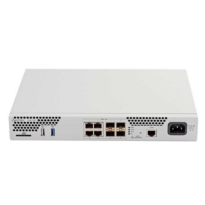 ELTEX ESR-100 Сервисный маршрутизатор 4x Combo 10/100/1000BASE-T/1000BASE-X SFP, 1x USB 2.0, 1x USB3.0, 1 слот для SD-карт, 4Gb RAM, 1Gb Flash, 220V AC