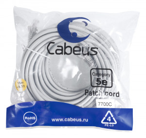 Cabeus PC-UTP-RJ45-Cat.5e-15m Патч-корд U/UTP, категория 5е, 2xRJ45/8p8c, неэкранированный, серый, PVC, 15м