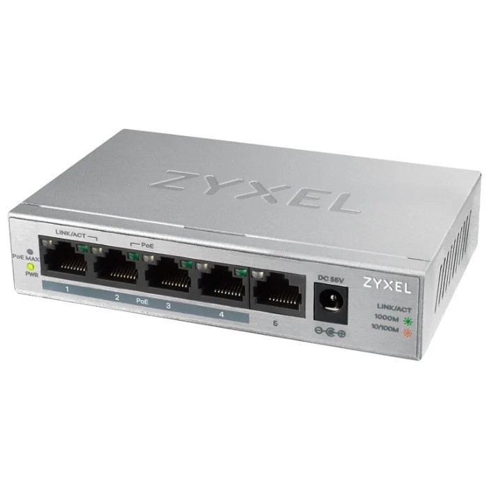 ZYXEL GS1005HP-EU0101F Коммутатор PoE+ ZYXEL GS1005HP, 5xGE (4xPoE+), настольный, металлический, бесшумный, бюджет PoE 60 Вт