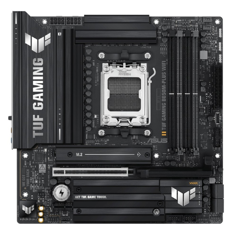 ASUS TUF GAMING B850M-PLUS WIFI (Socket AM5, mATX, 4xDDR5(256GB), HDMI 2.1/DP, 1xPCIe 5.0x16/1xPCIe 4.0x1, 1xLAN (2.5GbE), Wi-Fi, BT, 4xSATA 6Gb/s, 3xM.2, 1xType-C, 7xUSB 3.2, 4xUSB 2.0)