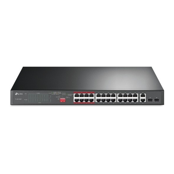 TP-Link TL-SL1226P 24-портовый 10/100 Мбит/с неуправляемый коммутатор PoE+ с 2 комбо Uplink-портами RJ-45/SFP SMB