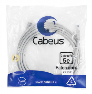 Cabeus PC-UTP-RJ45-Cat.5e-5m Патч-корд U/UTP, категория 5е, 2xRJ45/8p8c, неэкранированный, серый, PVC, 5м