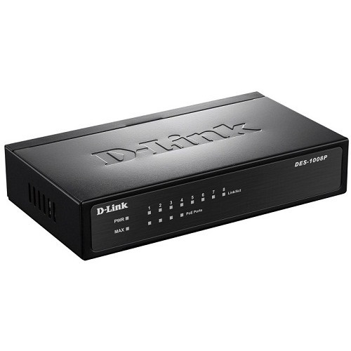 D-Link DES-1008P/C1A Неуправляемый коммутатор с 8 портами 10/100Base-TX (4 порта с поддержкой PoE 802.3af (15,4 Вт), PoE-бюджет 52 Вт)