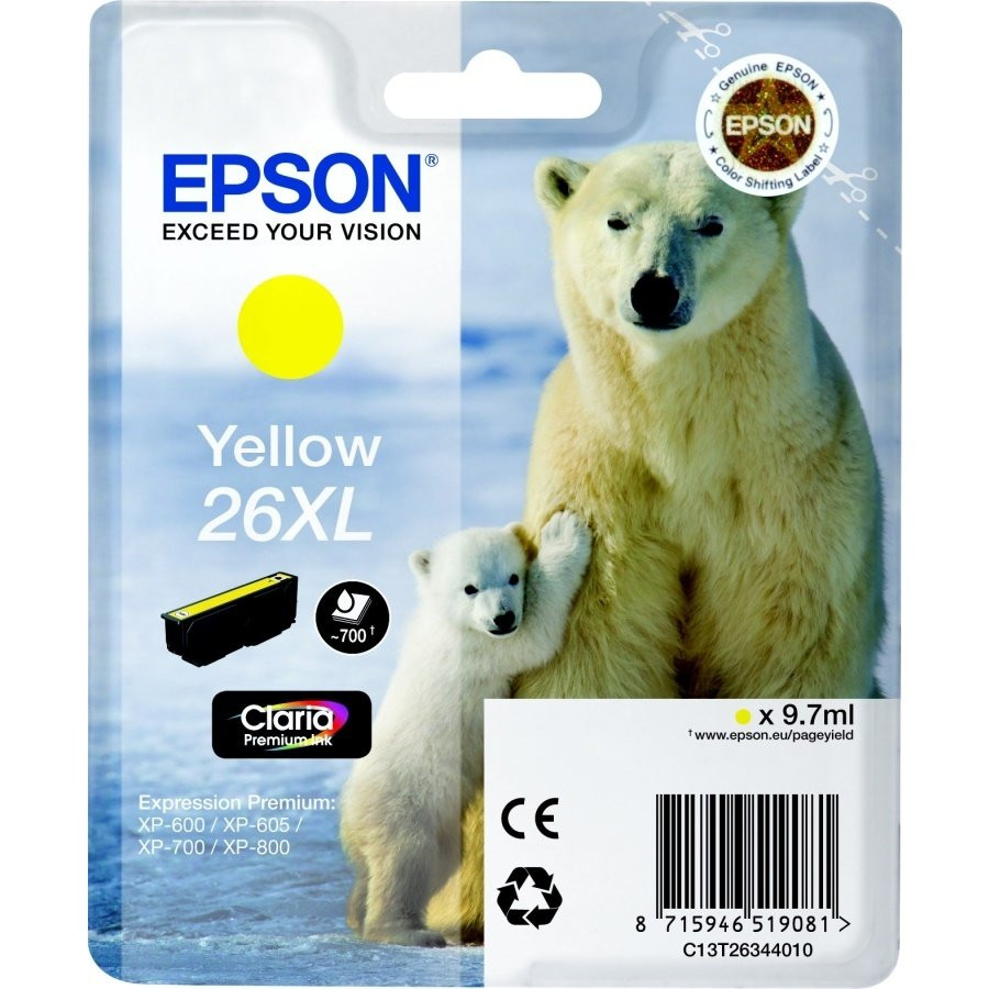EPSON C13T26344010 Картридж Epson XP-600, XP-605, XP-700, XP-800, Желтый. 26XL YE (cons ink)