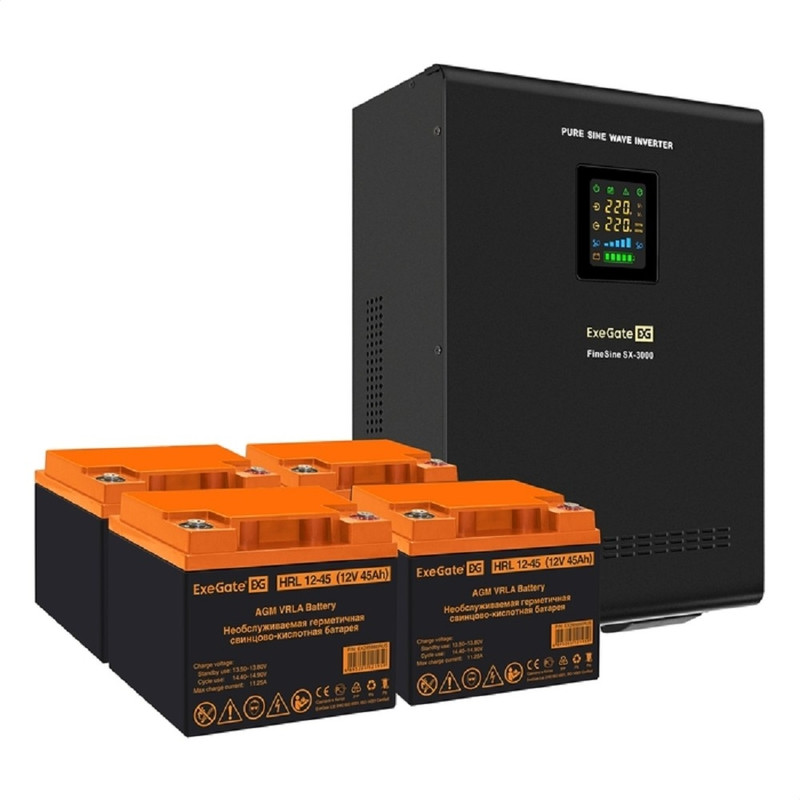 Exegate EX296637RUS Комплект ИБП EX296003RUS + батарея 45Ач EX285666RUS 4шт (инвертор, синус, для котла, настенный) FineSine SX-3000.LCD.AVR.2SH.T <3000VA/2100W, чистая синусоида, цветной LCD-дисплей,