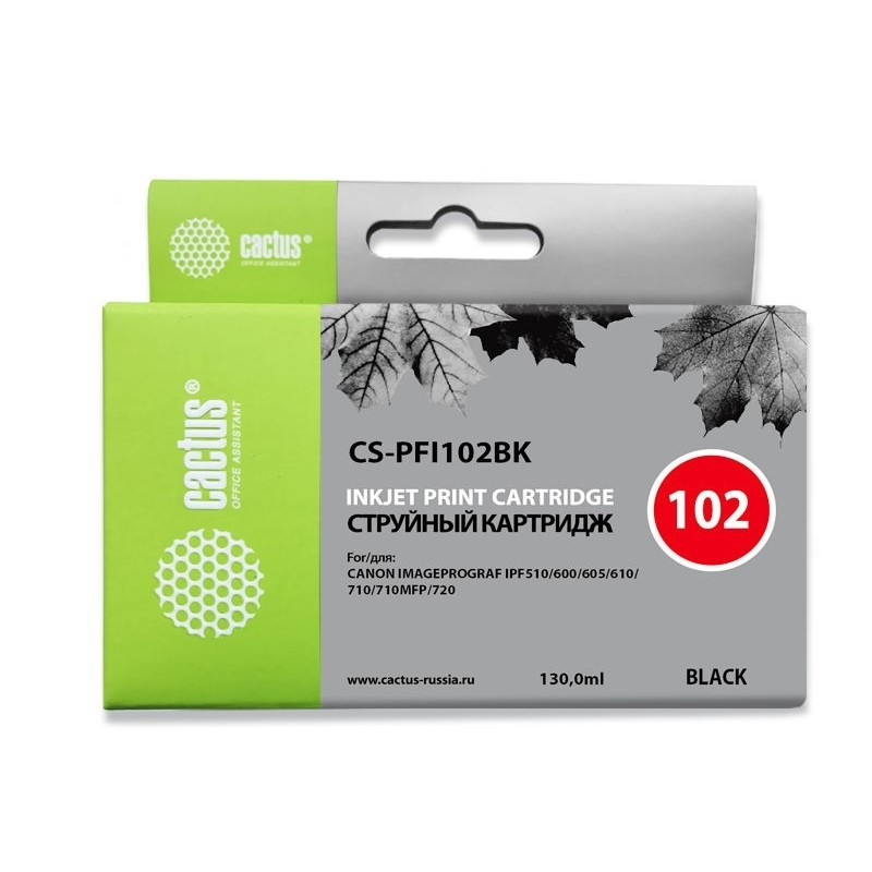 Cactus PFI-102BK Картридж струйный для Canon iPF500/iPF600/iPF700/ MFP M40/iPF765/LP17/LP24, черный (130мл)