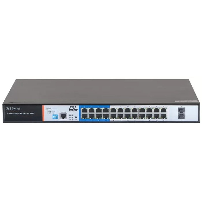 GIGALINK GL-SW-G205-24P WEB Smart управляемый, 24 PoE (802.3af/at) портов 10/100/1000Мбит/с 8 до 250 метров cat.6, 2*SFP 1000Мбит/с, 400Вт APO&R    